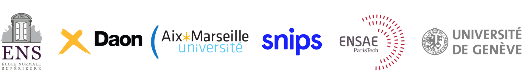 Logos de nos clients : ENS, Daon, Aix-Marseille Université, Snips, ENSAE ParisTech, Université de Genève