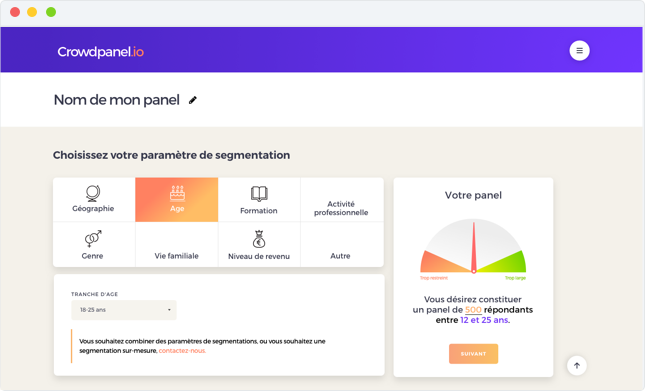 Capture d'écran de l'application Crowdpanel : création d'un panel segmenté